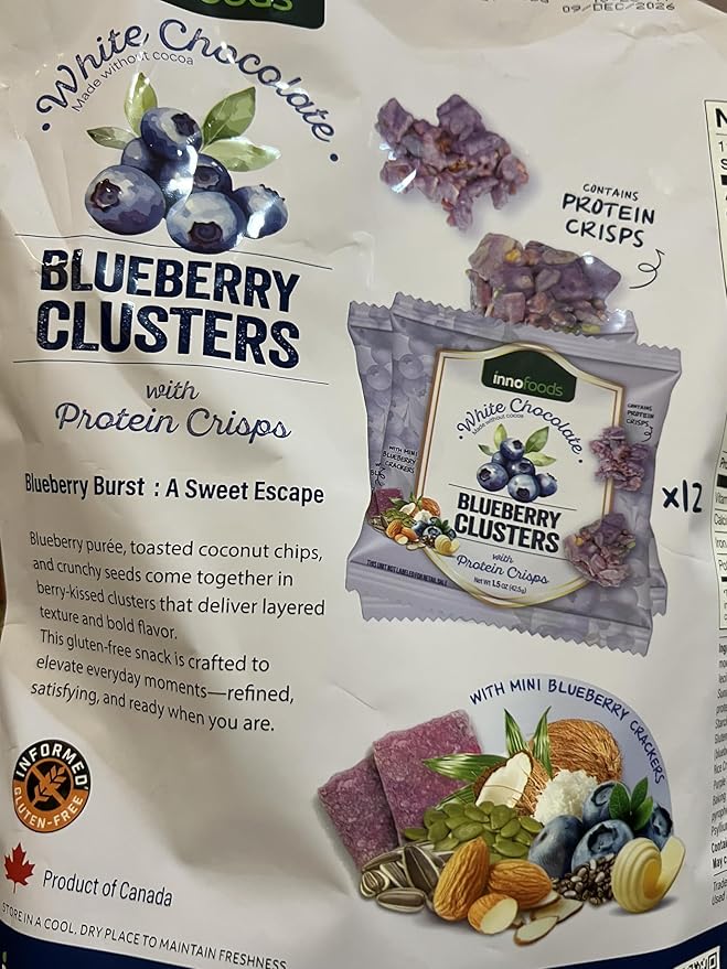 White Chocolate Blueberry Clusters with Protein Crisps 12 pouches NET WT 18oz