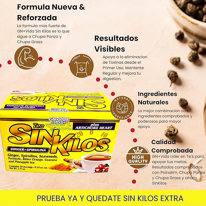 SinKilos Tea GN+Vida Cleansing Tea with Ginger Spirulina Turmeric Artichoke Orange and Pineapple Healthy Digestive Formula Caffeine Free All Natural Te Panza y Grasa Herbal | 2 Pack 60 Total