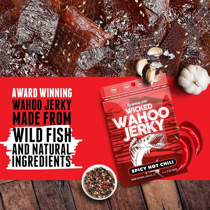Spicy Chili Wahoo Ono Fish Jerky - Sweet &amp Hot Umami Flavor - Artisan Crafted Organic Omega-3 Rich Low-Calorie Low-Sodium &amp Low-Sugar Seafood Snack 2oz (Pack of 3)