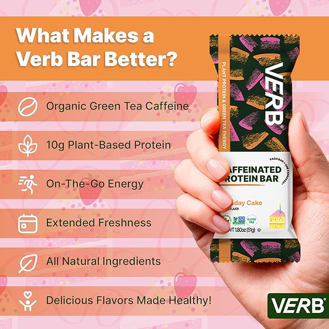 Verb Energy - Caffeinated Protein Bars Birthday Cake 10g Plant Based Protein Bars High Protein - Vegan Snack - Gluten Free Breakfast Snack with Organic Green Tea 51g (Pack of 12)