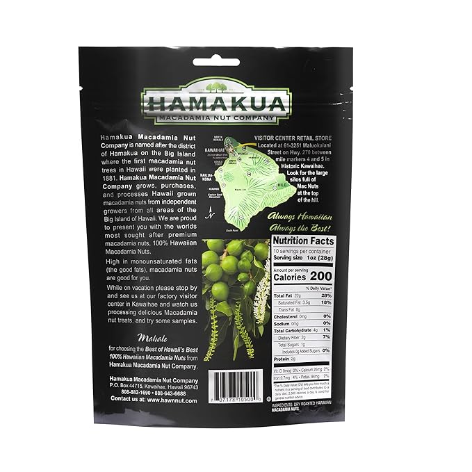 Hamakua Macadamia Nuts - Unsalted Hawaiian Grown Dry Roasted Half and Whole Macadamias without Salt - Natural Eco-Friendly Large Macadamia Nuts (10 oz Pouch)