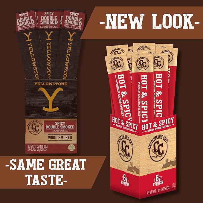 Cattleman's Cut Hot &amp Spicy Smoked Sausages Meat Sticks Premium Bulk Protein Snacks Keto Friendly Gluten Free Carnivore Travel Snack Individually Wrapped 0.9 Ounce Pack of 20