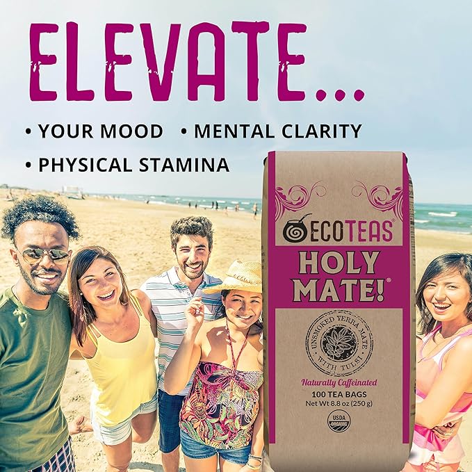 ECOTEAS Holy Mate! Organic Yerba Mate Tea Bags with Tulsi &amp Mint – Natural Energy Detox Herbal Tea Stress Support – Kosher Non-GMO Gluten-Free - 100 Bulk Bags 8.8 oz (Pack of 1)