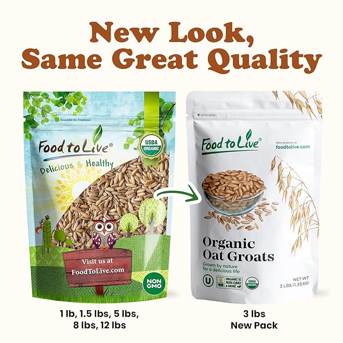 Food to Live Organic Oat Groats 8 Pounds - Whole Grain Non-GMO Seeds Kosher Raw Non-Irradiated Vegan Bulk Low Glycemic Rich in Protein Fiber Copper and Manganese