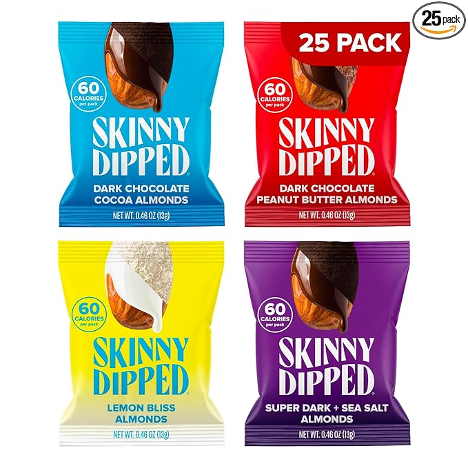 SkinnyDipped Snack Attack Minis Almond Variety Pack Healthy Snack Plant Protein Gluten Free 0.46 oz Mini Bags Pack of 25