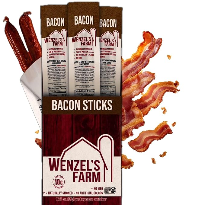 Wenzel’s Farm Bacon and Beef Snack Sticks │Snack Sticks │ Flavorful Naturally Smoked │ High Protein Low Carb │ No MSG Fillers Binders Artificial Colors │ Gluten Free | 32 sticks (16 packs of 2)
