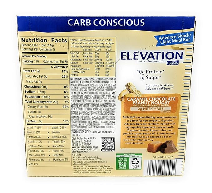 Millville Elevation Protein Bars Snack Endulgent Treat 1.4oz Bars 5g Protein (Caramel Chocolate Peanut Nougat 2 Pack (10 Bars))
