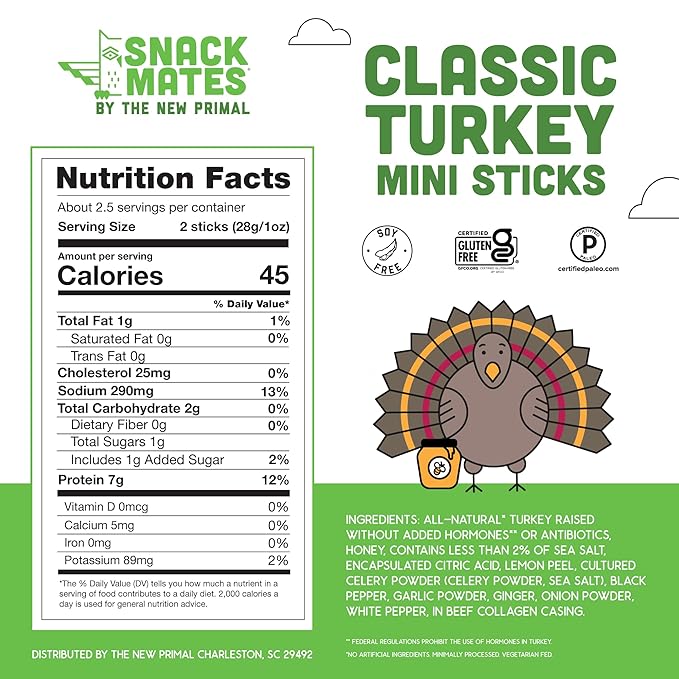 New Primal Snack Mates Chicken &amp Turkey Pack Gluten Free Healthy Snacks for Kids Low Sugar High Protein Kids Snack Mini Paleo Jerky Meat Stick 5 (0.5 oz) Sticks Per Bag 2 Bags 10 Count