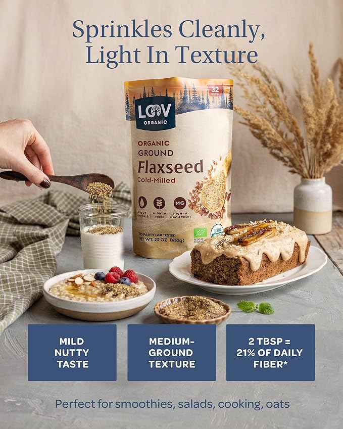 LOOV Organic Ground Flaxseed - Cold-Milled Flax Seeds - High Fiber 5.1 g Plant-Based Omega-3 (ALA) For Smoothies &amp Baking Flaxseed Meal Linaza Molida Grown in Finland 23 oz Resealable Pouch
