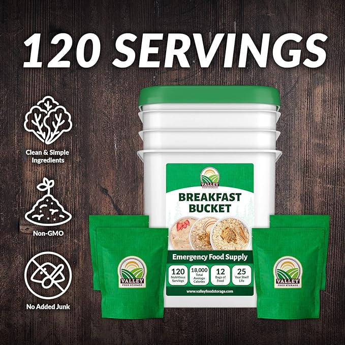 Valley Food Storage 120 Serving Breakfast Bucket | Emergency Food Supply with Easy Prep Breakfast Meals | 25 Year Shelf Life | Camping Food Prepper Supplies &amp Long Term Storage | Packaged in USA
