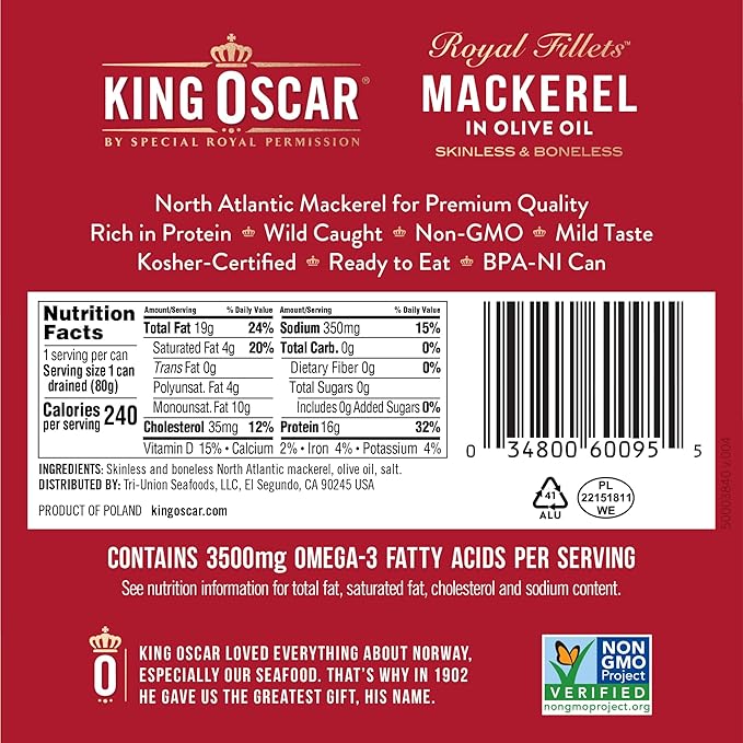 King Oscar Skinless &amp Boneless Mackerel Variety Pack 4.05 Ounce Cans (Pack of 6) Skinless &amp Boneless Wild Caught Canned Mackerel