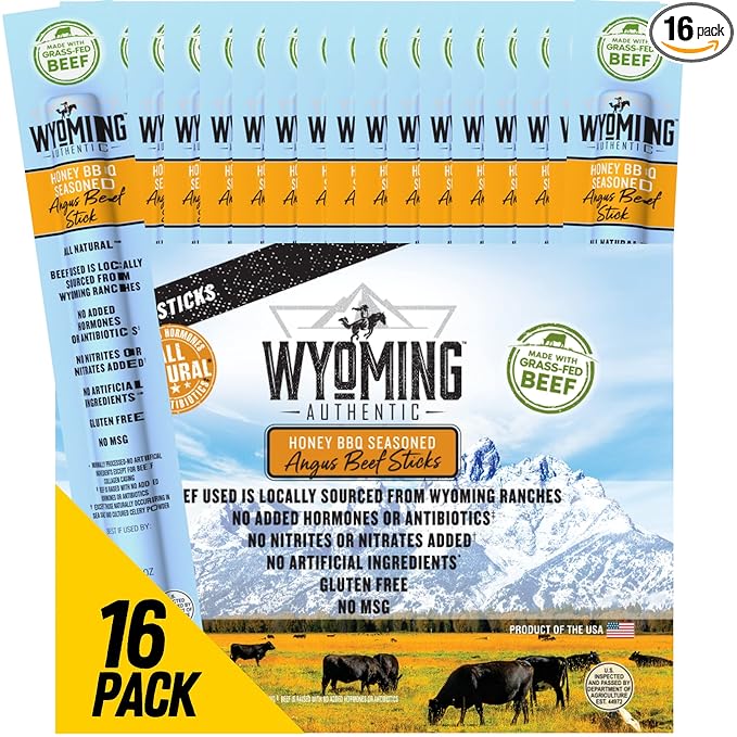 Wyoming All-Natural Grass-Fed Beef Sticks Bulk-Nitrate Free Jerky Meat Stick-No Artificial Ingredients-Clean Tasty Meat Snacks-Angus Beef Sticks Individually Wrapped-16pk