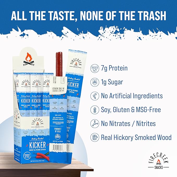 FireCreek Snacks Beef Sticks (Jerky Sticks) Hickory Smoked Beef &amp Pork Meat Sticks 20 Pack (1 oz) 7g Protein 1g Carbs Gluten Free Soy Free No MSG Kicker Spicy