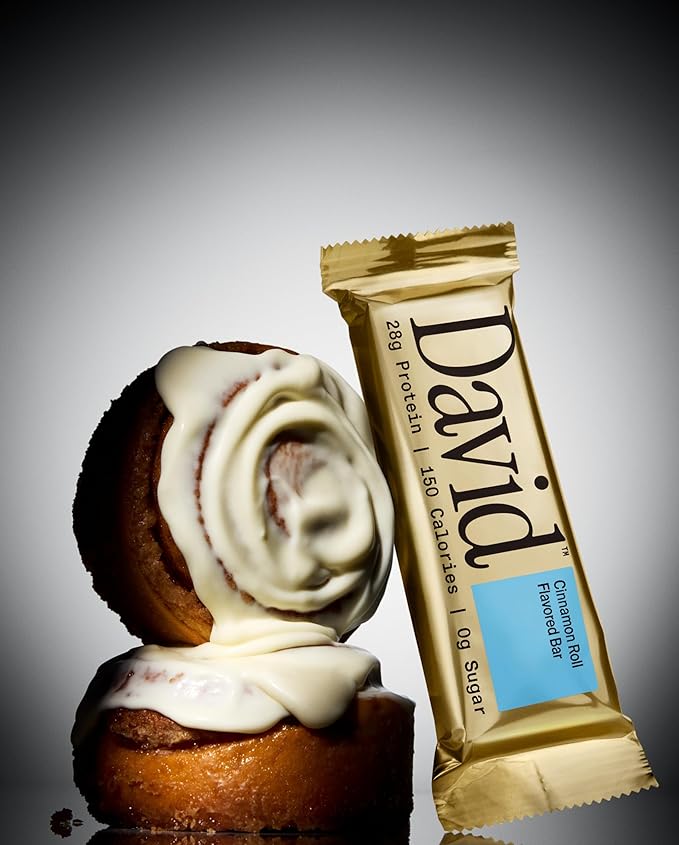 David Protein Bar Cinnamon Roll 24 Protein Bars | 28g of Protein | 150 Calories | 0g of Sugar - High Protein Low Carb Gluten Free Protein Bar Pack of 24