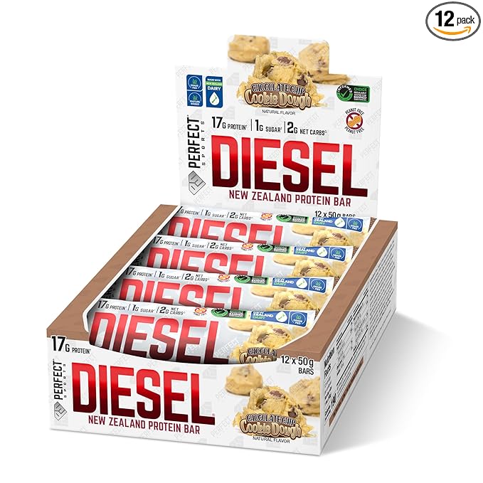 PERFECT SPORTS Diesel New Zealand Whey Protein Bars | Stevia Sweetened No Artificial Flavors | Low Sugar 18g Protein | 12 Pack (Chocolate Chip Cookie Dough)