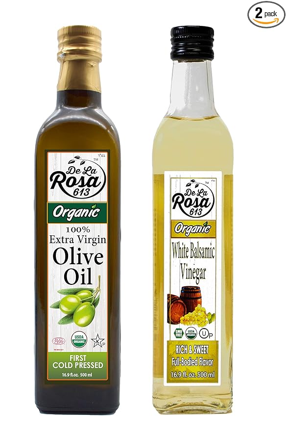De La Rosa Organic Extra Virgin Olive Oil &amp White Balsamic Vinegar 100% Pure Raw &amp Unfiltered Vegan Kosher Non-GMO &amp Gluten Free Great for Salad Dressing Marinades &amp More 16.9 O