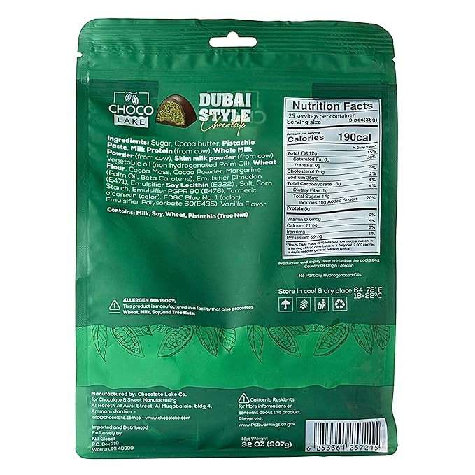 Choco Lake Original Dubai Style Kunafa Pistachio Chocolate 32 oz Bulk Bag – Milk Chocolate Filled with Crunchy Kunafa &amp Pistachios Individually Wrapped Candy