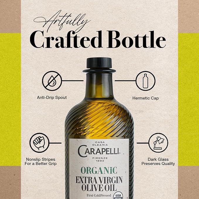 Carapelli - Organic Extra Virgin Olive Oil: Cold-Pressed Organic EVOO – 33.8 Fluid Ounces (1 Liter) (Pack of 2)