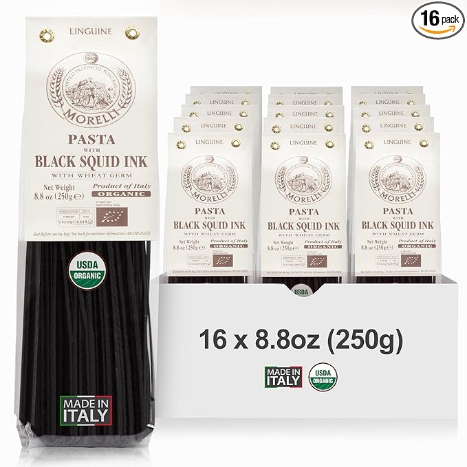 Morelli Squid Ink Pasta Linguine - Organic Black Pasta Noodles Durum Wheat Semolina Italian Nero Di Seppia Made in Italy - 8.8 oz / 250 g (Pack of 16)