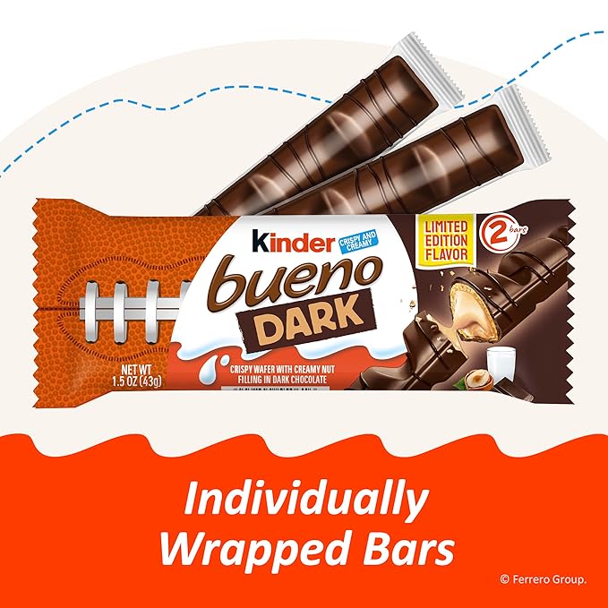 Kinder Bueno Dark Chocolate Bars with Creamy Hazelnut Filling Bulk 30 Count Chocolate Candy Bars for Game Day Football Party Supplies Snacks for Adults 2 Per Pack 1.5 oz Per Pack