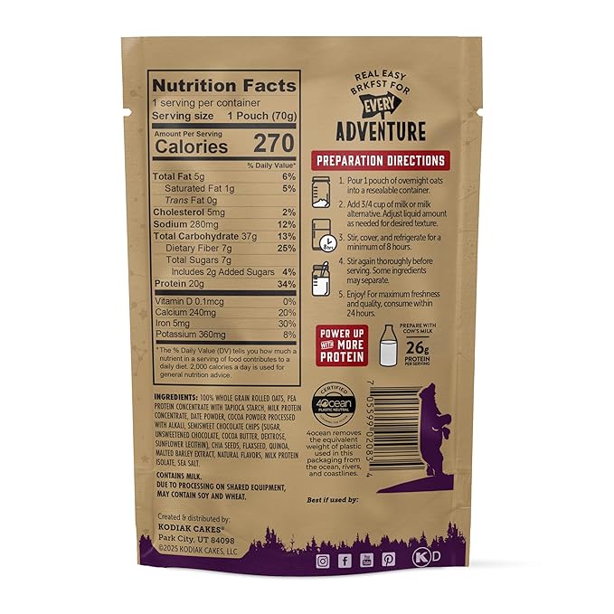 Kodiak Cakes Dark Chocolate Sea Salt - Overnight Oats with 20g Protein High Fiber Breakfast (Pack of 9 Pouches)