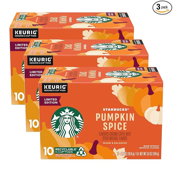Starbucks Pumpkin Spice Coffee K-Cup Pods Limited Edition Made without Artificial Flavors Keurig Genuine K-Cup Pods 10 CT K-Cups Per Box (Pack of 3 Boxes)