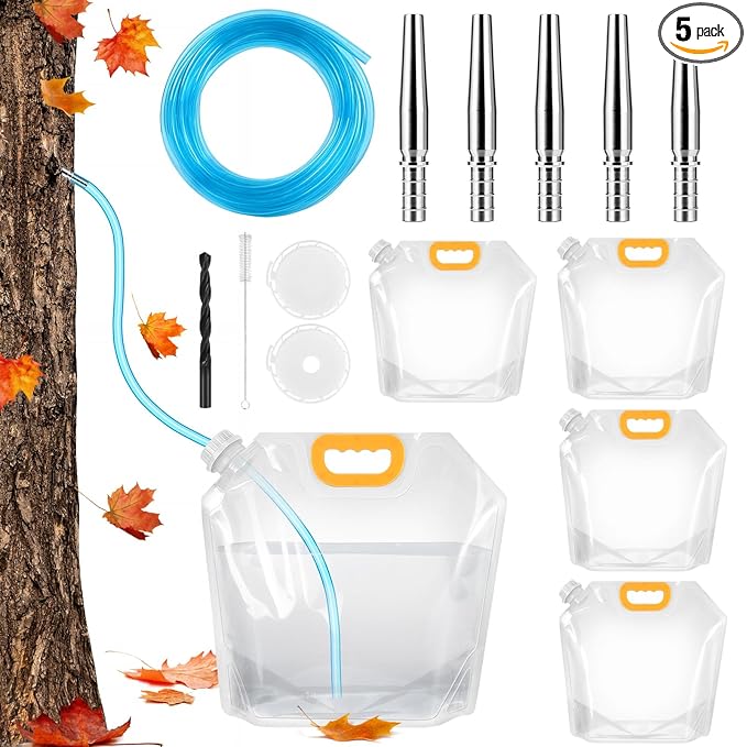 5 Sets Maple Syrup Tapping Kit Include Maple Syrup Taps 5L MapleSyrup Bags（Perforated &amp Non-perforated Two Types of Lids）16Ft Tubing Drill BitBrushMaple Tree Tapping Kit for Experts or Begin