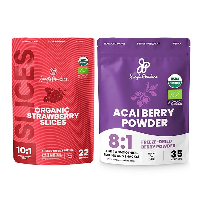 Jungle Powders Freeze Dried Strawberries Organic USDA Certified Strawberry Slices 3.2 Ounce Bag + Organic Acai Powder 5 Ounce Bag Freeze Dried Acai Berry Powder from Whole Berries