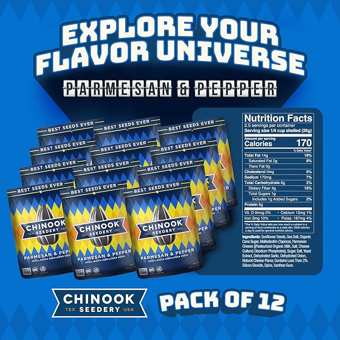 Chinook Seedery Sunflower Seeds to Eat — Jumbo Flavored Roasted Low Sodium Snacks — Keto Friendly Gluten-Free Non-GMO — Parmesan &amp Pepper Flavor 4 oz (12-Pack)