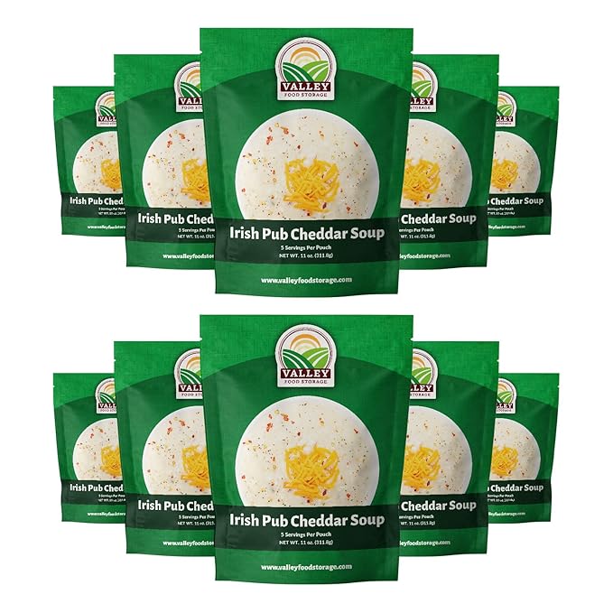 Valley Food Storage Irish Pub Cheddar Potato Soup 10-Bag Bucket 50 Servings | Premium Non-GMO Emergency Food Supply with 25 Year Shelf Life | Survival Meals Prepper Food Camping &amp Off-Grid Supp