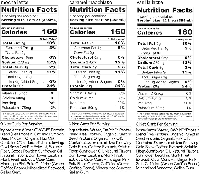 OWYN Only What You Need Double Shot Mocha Latte Vanilla Latte and Caramel Macchiato Flavored Protein Shake 20g Protein 0g Sugar 3g Fiber 180mg Caffeine Dairy Free Plant Based Protein 12 CT