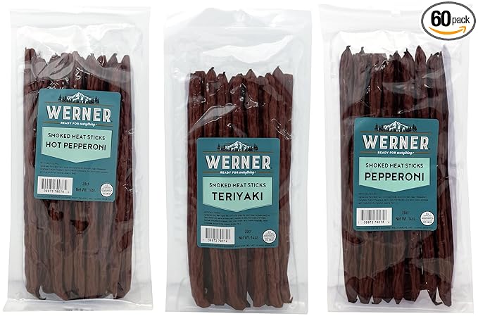 Werner Smoked Meat Sticks - 60 Pork and Beef Sticks Bulk Variety Pack Hot Pepperoni Pepperoni and Teriyaki Meat Snacks (20 Sticks of Each 9 Sticks)