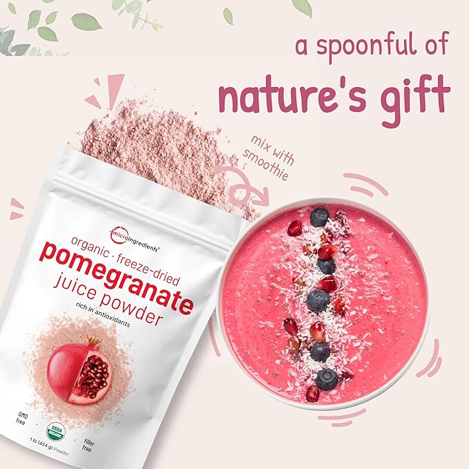 Organic Pomegranate Juice Powder 1 Pound | 100% Natural Fruit Powder | Freeze Dried &amp Cold Pressed | No Sugar &amp Additives | Great Flavor for Drinks Smoothie &amp Beverages | Non-GMO &amp