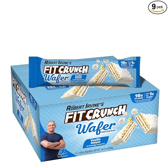 FITCRUNCH Wafer Protein Bars 16g of Protein &amp 1g of Sugar (9 Bars Vanilla Gelato)