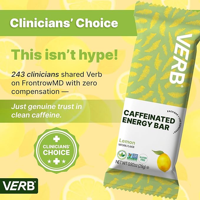 Verb Caffeinated Energy Bars Lemon (26g Pack of 16) 110-Calorie Delicious Low Sugar Energy Bar - Vegan Gluten Free On-the Go Snack with 80mg Green Tea Caffeine Only Real-Food Ingredients