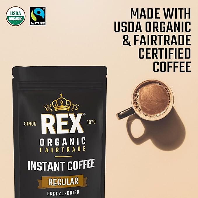 Rex Organic Fairtrade Freeze-Dried Instant Coffee – Medium Roast Arabica 7.05 oz Resealable Pouch Bag – USDA Organic &amp Fairtrade Certified Lab Tested for Mold &amp Mycotoxins