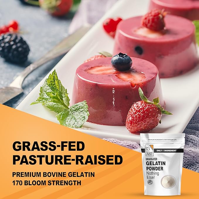 It's Just - 100% Gelatin Powder (2lb) Unflavored Heavy Metal Tested Grass-Fed Bovine (Beef) Source Non-GMO Keto Friendy Perfect for Marshmallows Gummies Desserts 32oz