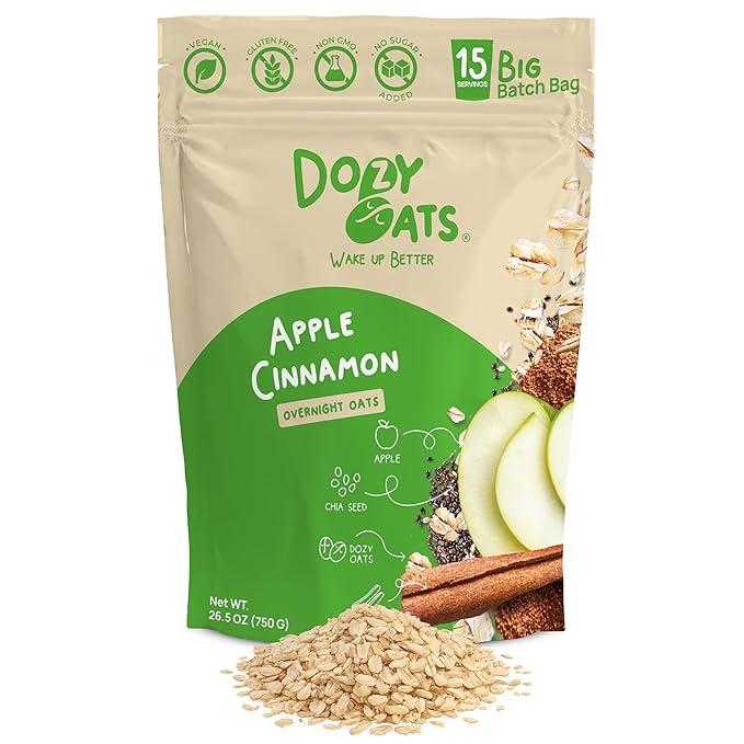 Dozy Oats Overnight Oatmeal 15-Serving Big Batch Bag. Gluten-Free Natural Source of Protein and Fiber Apple Cinnamon 750g