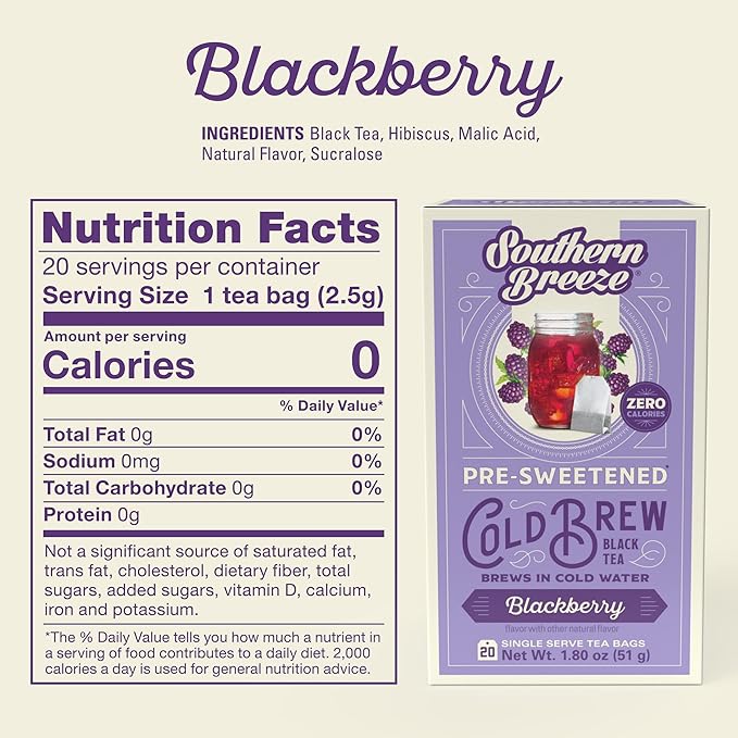 Southern Breeze Cold Brew Sweet Tea Blackberry Iced Tea with Black Tea and Zero Carbs Zero Sugar 20 Individually Wrapped Tea Bags Pack of 4