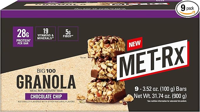 MET-Rx Big 100 Granola Protein Bar Meal Replacement Bar 28 G Protein Chocolate Chip Pack of 9