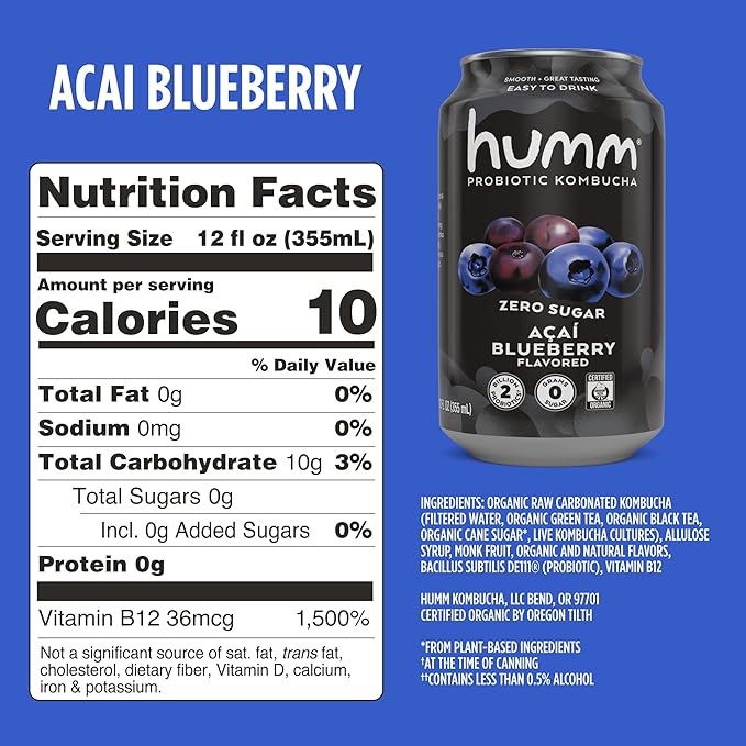 Humm Probiotic Kombucha Zero Sugar Acai Blueberry No Refrigeration Needed Keto Friendly Organic Vegan Gluten Free 12oz Cans (8 Pack)