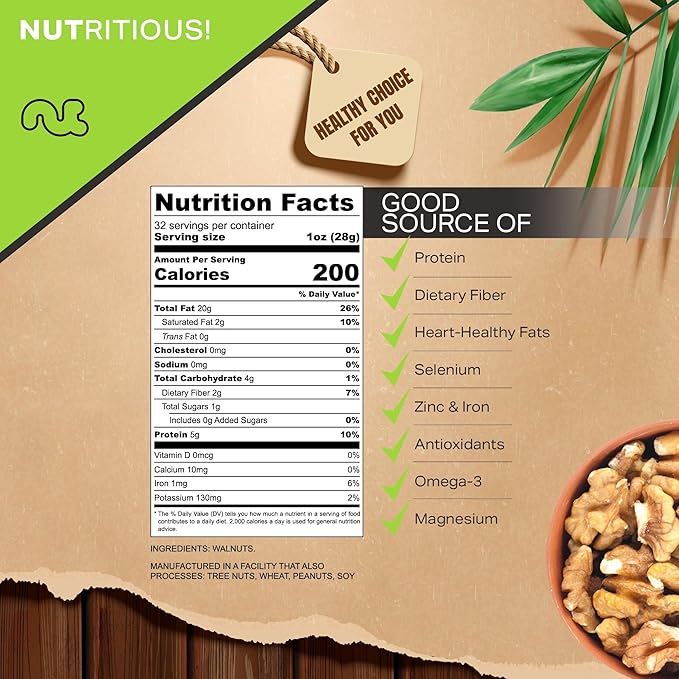 NUT CRAVINGS - Raw Walnuts Halves &amp Pieces Unsalted Shelled (32oz - 2 LB) Bulk Nuts Packed Fresh in Resealable Bag - Kosher Healthy Snack Food Assortments Ideal for Trail Mixed Nuts
