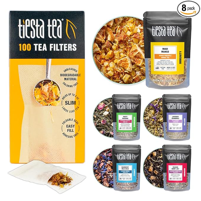 Tiesta Tea Premium Starter Loose Leaf Sampler Kit - Classic Tea Blends High to Non Caffeinated Hot &amp Iced Brews Starter Set with Black Green Herbal Sample Bags and 100 Disposable Tea Filters