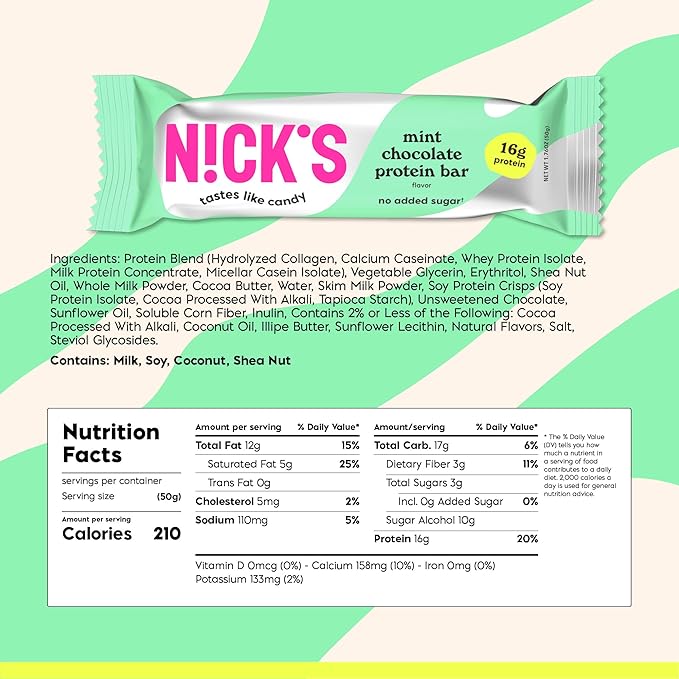 Nick's Protein Bars Mint Chocolate | High Protein | Lowcalories | Low Carb Keto Friendly Snacks No Added Sugar (12 bars x 50g)