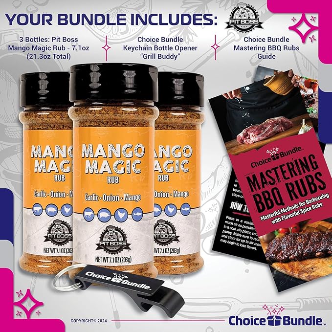 Pit Boss Mango Magic Premium BBQ Barbecue Mixed Seasoning Spice &amp Dry Rub 3 pk Choice Bundle (21.3 oz) + Guide &amp Keychain Bottle Opener (5 Items)!