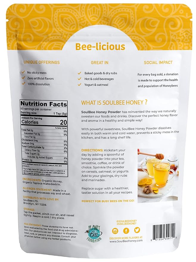SoulBee ORGANIC HONEY POWDER - 1 Pound - Dehydrated honey as Natural Sweetener for drinks and meals - Perfect for Skin Care - Low Calories Non GMO Gluten Free - Natural sugar source (contains tapioc