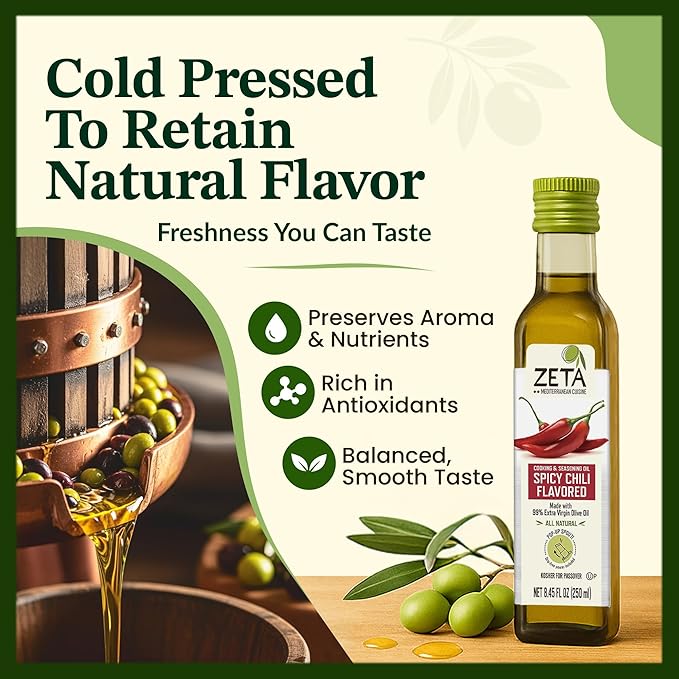 Zeta Extra Virgin Olive Oil Variety Pack 8.5 fl oz (4 Pack) | Basil &amp Garlic Lemon Hot Pepper &amp EVOO | Premium Glass Bottle with Pop-Up Spout | Cold-Pressed | Product of Spain | Ideal for B