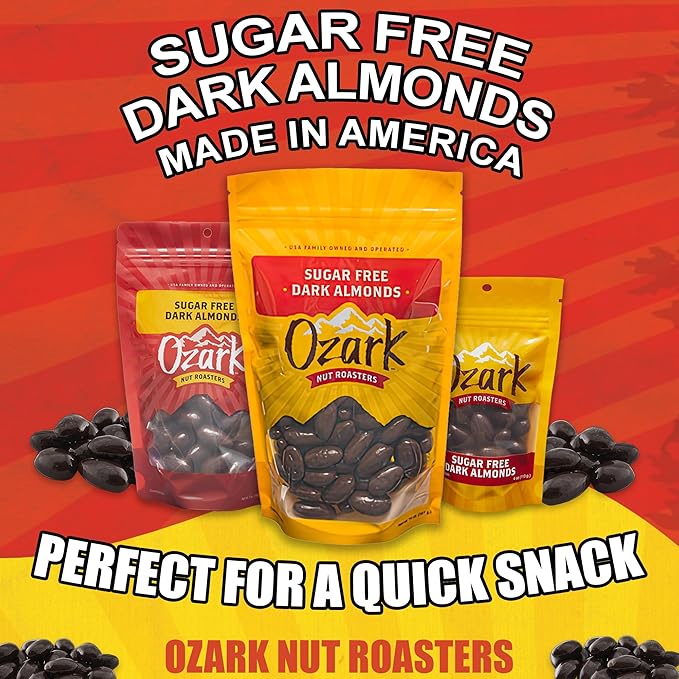 OZARK NUT ROASTERS Sugar-Free Dark Almonds Dark Chocolate Flavored Snacks No Sugar Added World-Class Gourmet Candied Nuts Resealable Pack (14 oz)