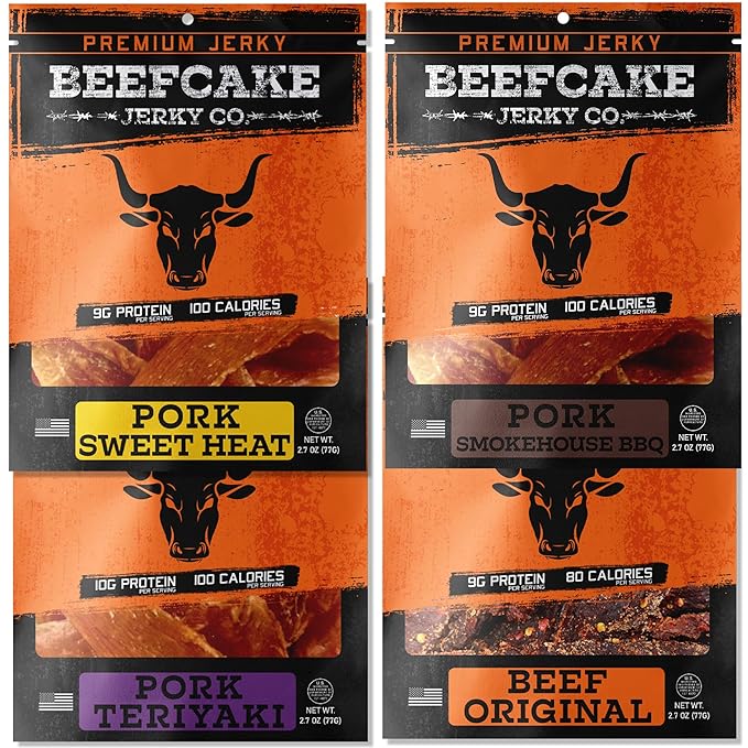 BEEFCAKE Jerky Best Sellers Collection Includes Beef Jerky Sweet Heat Teriyaki Original &amp Smokehouse 9 Gram of Protein &amp 100 Calories 2.7 Oz | Pack of 4