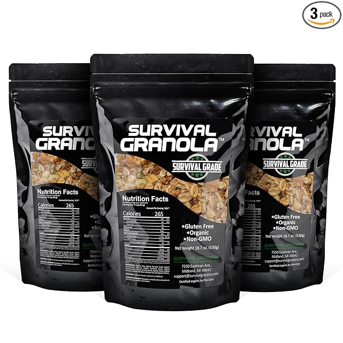 Survival Grocery Organic Ancient Grain Survival Granola™ - Gluten Free Non-GMO No Added Sugar High Protein Snack With Nuts Seeds Coconut and Honey - Ideal for Breakfast Cereal Yogurt or Snack